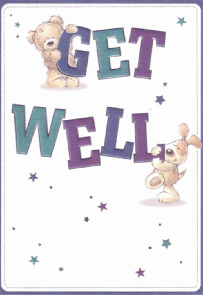 A radiant gesture of well-wishing from Tottenham Hale, this get well card pairs youthful joy with heartfelt encouragement. The illustration delights with a bear and puppy-both rendered in soft, touchable hues of cinnamon and cream-interacting with the large, playful letters that spell 'Get Well' in exuberant purples and teals. Their rounded limbs and expressive faces exude innocence, as though caught mid-laughter during a stroll beside Tottenham's riverside paths. Around them, delicate, shimmering stars twinkle in a cascade of blues and violets, evoking the hope and magic found in kind words or a cheering bouquet delivered by a local florist. The bold, oversized text anchors the design, each letter shaded with subtle gradients that offer visual depth and confidence. The bear's fur appears plush and inviting, while the puppy's floppy ears seem ready for a gentle tug, all against a background so brilliantly white it recalls the refreshing light of a Tottenham morning. Every brushstroke and detail is imbued with tenderness, echoing the care used in crafting a bespoke bouquet within the area. This card, much like a thoughtfully arranged basket of blooms, brings a gentle sense of uplift, perfect for cheering a loved one's recovery and offering a slice of Tottenham warmth.